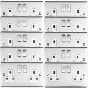 10 PACK 2 Gang Double UK Plug Socket SATIN STEEL & White 13A Switched Outlet