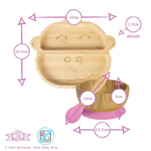 Tiny Dining - Monkey Bamboo Suction Baby Feeding Set - Pink - 4pc