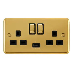 Curved Polished Brass 2 Gang 13A DP Ingot 1 USB Twin Double Switched Plug Socket - Black Trim - SE Home