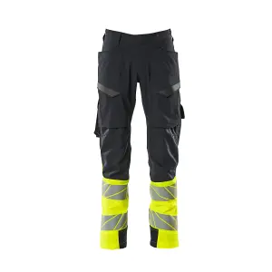 Mascot Accelerate Safe Ultimate Stretch Trousers with Thigh Pockets - Dark Navy/Hi-Vis Yellow   (29.5) (Leg Length - Regular)