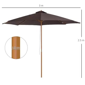 Outsunny 3m Fir Wooden Garden Parasol Sun Shade Outdoor Umbrella Canopy Coffee