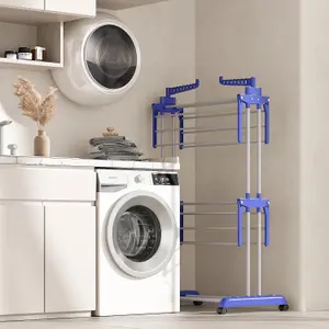 3 Tiers Foldable Stainless Steel Clothes Airer Drying Rack for Indoor Outdoor-Blue