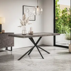 Donni Dining Table And Chairs -  Concrete Effect Table Top w Black Legs + Monza Linen Dining Chair Set Of 6 (Beige)