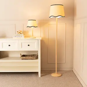 ValueLights Triston Natural Light Wood Stem Floor Lamp with Scallop Black Trim Tapered Shade and LED Bulb