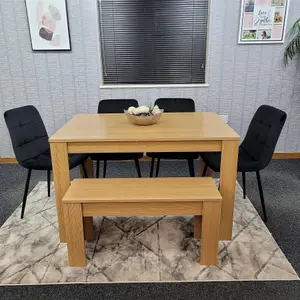 Dining Table and 4 Chairs With Bench Oak Effect Wood 4 Black Velvet  Chairs Dining Room