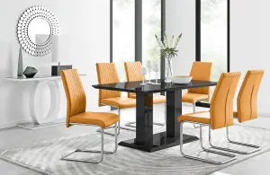 Imperia Black High Gloss 6 Seater Dining Table with Structural 2 Plinth Column Legs 6 Mustard Faux Leather Lorenzo Chairs