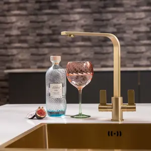 Flode Paddla Dual Lever Kitchen Tap Swan Neck Design Brushed Brass