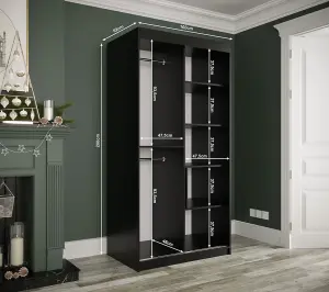 Compact Black Geneva T2 Sliding Door Wardrobe W1000mm H2000mm D620mm - Sleek Design, Gold Handles, Mirrored Door