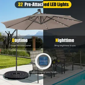 Costway 3 x 3m Cantilever Parasol Backyard Patio Offset Umbrella w/ 32 Solar-Powered LED Lights