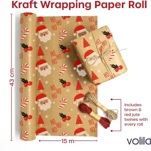 15m Eco-Friendly Kraft Christmas Wrapping Paper Roll with Santa Design - Recyclable Brown Gift Wrap, 43cm Wide