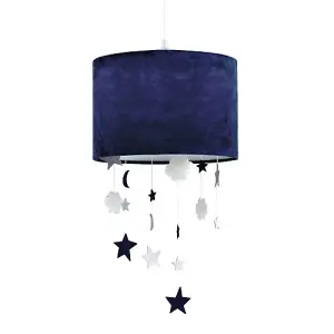 Soft Midnight Blue Velvet Pendant Lamp Shade with Hanging Felt Stars and Clouds