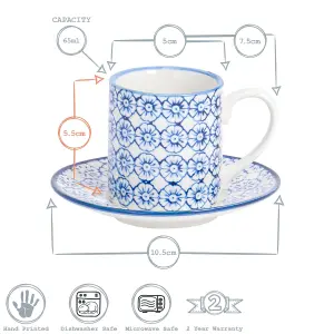 Nicola Spring - Hand-Printed Espresso Cup & Saucer Set - 65ml - Navy - 12pc