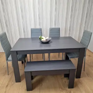 Dining Table and 4 Chairs With Bench Black Dark Grey 4 Grey Leather Chairs Wood Dining Set Furniture