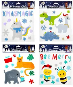 3D Fun Christmas Window Stickers Gel, 4 Assorted Festive Gel Sheets