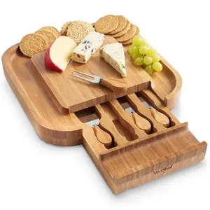 Bamboo Cheese Board, Rectangular Serving Tray With Stainless Steel Knife Set, Easy Clean Charcuterie Serving Board With Knife Drawer & Gift Box