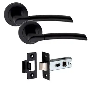 6 Set Indiana Design Door Handle On Round Rose Latch Door Handles with 2.5" Tubular Latch Matt Black Finish - GG