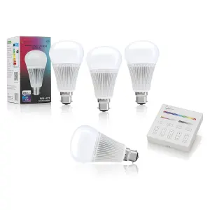 Auraglow 2.4Ghz RGB CCT Smart B22 LED Light Bulb - 70w EQV with Smart Panel Wall Remote - 4 PACK