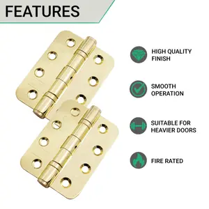 EAI 4" Fire Door Hinges 4" Stainless Steel Grade 13  - 102x76x3mm - RADIUS - PVD Brass - Pair - Including Screws