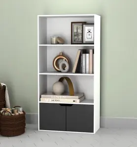 URBNLIVING Height 118Cm 4 Tier Wooden Bookcase Cupboard with Doors Storage Shelving Display Colour White Door Black Cabinet Unit