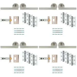 4 PACK - Premium Door Handle & Latch Pack Set- Satin Nickel Straight Bar Lever Round Rose