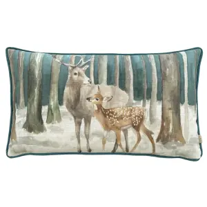 Evans Lichfield Stag Scene Digitally Printed Piped Velvet Polyester Filled Cushion