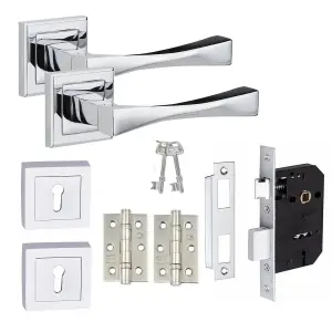 1 Set Straight Astrid Design Door Handles Polished Chrome Key Lock Set With Ball bearing Hinges