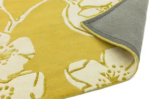 Yellow Easy to Clean Floral Handmade Modern Wool Rug for Living Room, Bedroom - 120cm X 170cm