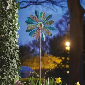 Daisy Wind Spinner with Solar Powered Crackle Glass Globe - Outdoor Decoration with Multicoloured LED Lights - H130 x 38 x D17cm