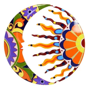 Colorful Metal Sun and Moon Wall Art - 16 Inch  Handcrafted Talavera Style Sculpture for Indoor and Outdoor Decoration