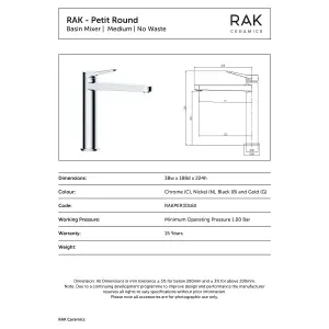 RAK Petit Mid Height Matt Black Modern Basin Mixer Tap Solid Brass