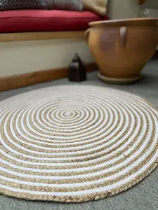 CHAKKAR PALE Stripe Round Beige Hall Rug - Jute - L150 x W150