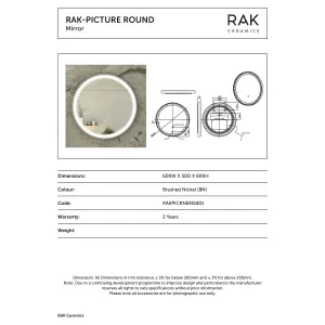 RAK Picture Round 600x600mm Brushed Nickel Round Touch Sensor Illuminated Mirror IP44