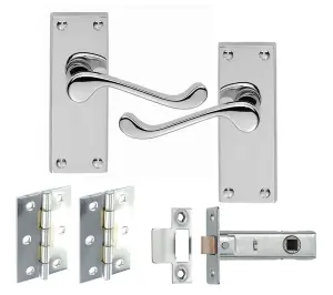 7 Sets of Victorian Scroll Latch Door Handles Polished Chrome Hinges & Latches Pack Sets 120MM X 40MM -