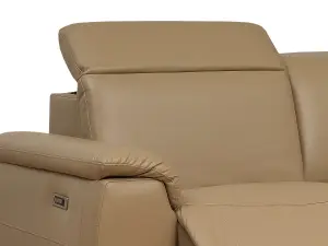 3 Seater Electric Reclining Sofa With Wireless Charger and Adjustable Headrests in Beige Leather - Solero