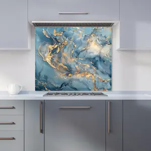 Azure And Gold Marble Effect Premium Glass Kitchen Splashback W900mm x H650mm