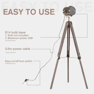 HOMCOM Industrial Tripod Floor Lamp Wood Height Adjustable Spotlight Bronze