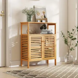 Costway Bamboo Side Storage Organizer Bathroom Floor Cabinet w/ Double Doors