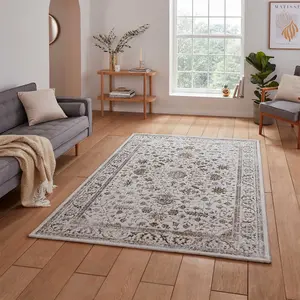 Gold Grey Abstract Bordered 8mm Pile Rug for Bedroom, Living, Dining Room, Easy to Clean Traditional Rug-160cm X 230cm