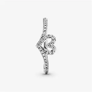 Pandora Sparkling Wishbone Heart Ring - Sterling Silver / Cubic Zirconia - Sz. 50