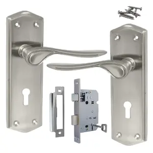 Door Handles SATIN Stellar Scroll Lever Internal with Lock and Keys