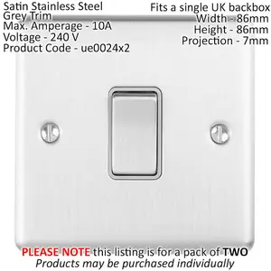 2 PACK 1 Gang Single INTERMEDIATE Light Switch SATIN STEEL & Grey 10A Rocker