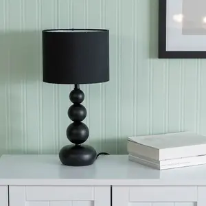 ValueLights Marissa Matt Black Stacked Ball Bedside Light Table Lamp with Drum Shade - LED Bulb Included