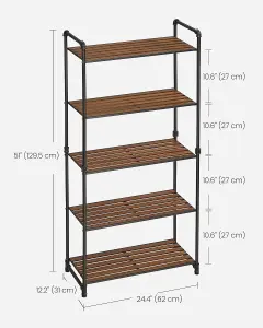 VASAGLE Bathroom Shelves, 5-Tier Storage Rack, Storage Stand with Adjustable Shelves, Rustic Brown and Ink Black