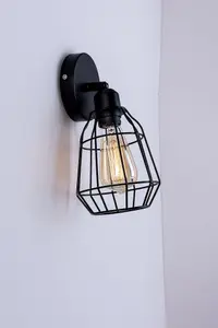 Caged Wall Light, E27/ES Cap, On and Off Switch Black Vintage Finish, LED Compatible