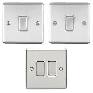 Light Switch Pack - 2x Single & 1x Double Gang - SATIN STEEL / Grey 2 Way 10A