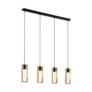 Hanging Ceiling Pendant Light Black & Wood Frame 4 x 60W E27 Kitchen Island