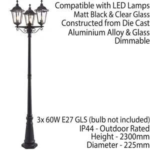 Outdoor Lantern Lamp Post Matt Black & Glass 2.3m Tall 3 Light Garden Bollard