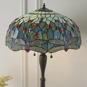 Tiffany Glass Dragonfly Floor Lamp - Dark Bronze Finish - 2 x 60W E27 GLS LED