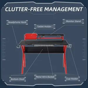 HOMCOM Gaming Desk Computer Table w/ Cup Holder Headphone Hook, Basket, Red