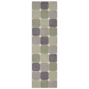 Modern Easy to Clean Chequered Geometric Green Rug for Dining Room-80cm X 150cm